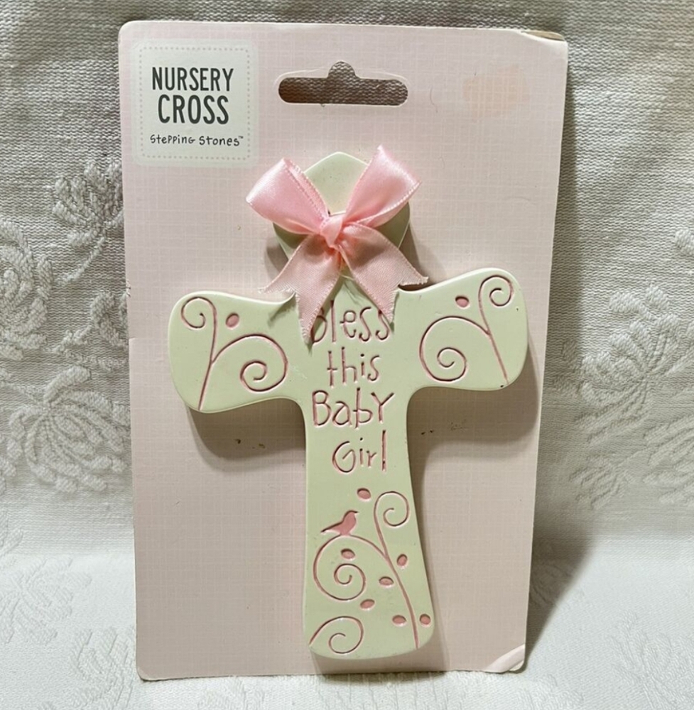 New C.R. Gibdon Pink and Cream Baby Girl Cross Decor Wall/Door Hanger